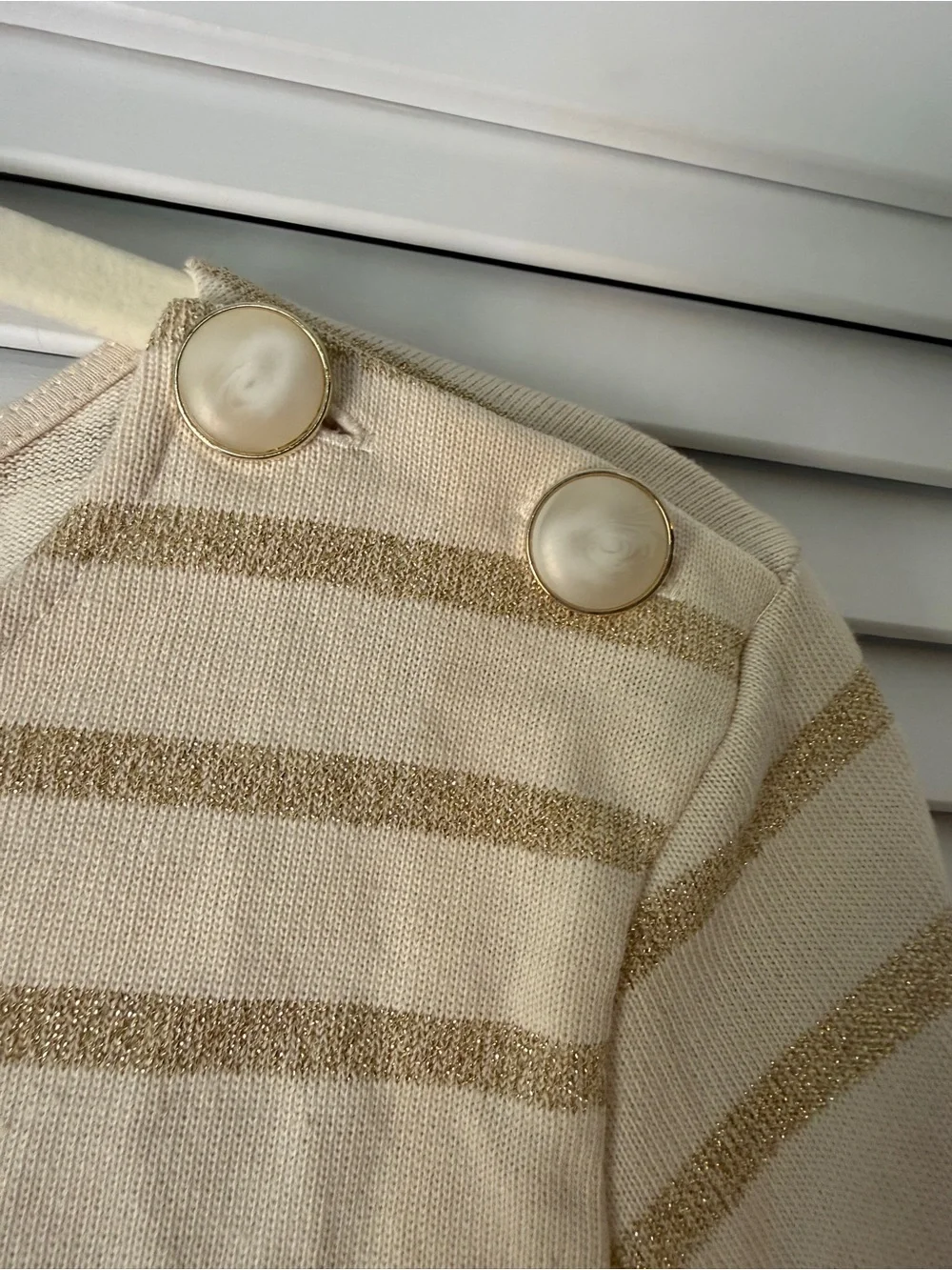 Sezane Cream Striped Long Sleeve Tee with Metallic Gold Accents